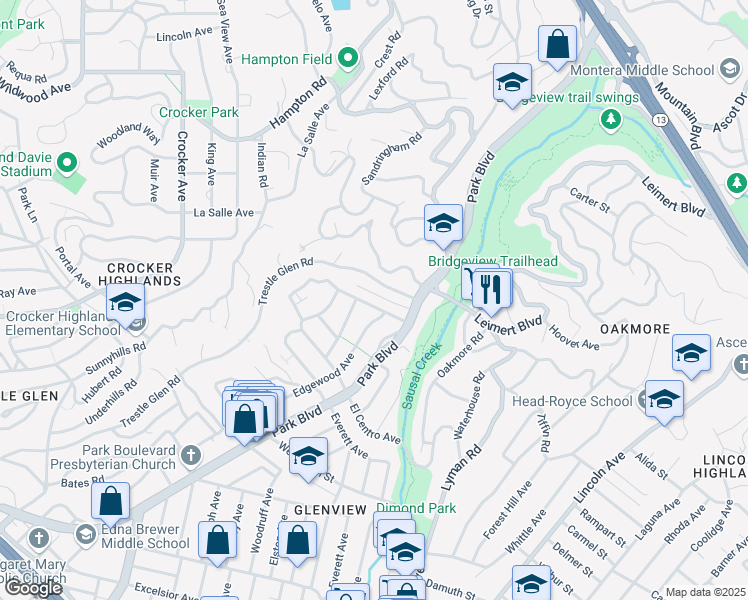 map of restaurants, bars, coffee shops, grocery stores, and more near 1124 Hollywood Avenue in Oakland