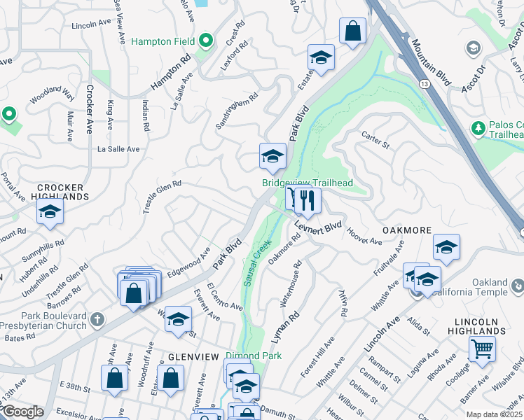 map of restaurants, bars, coffee shops, grocery stores, and more near 1321 Leimert Boulevard in Oakland