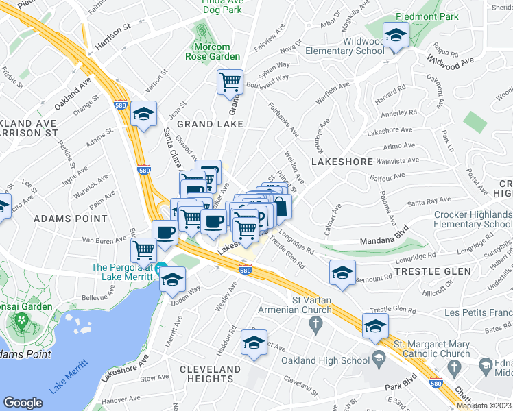 map of restaurants, bars, coffee shops, grocery stores, and more near 550 Glen View Avenue in Oakland