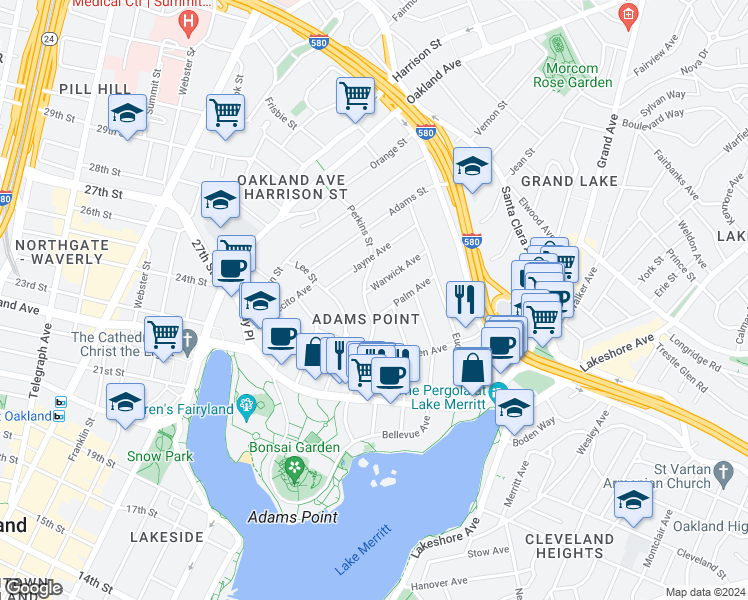 map of restaurants, bars, coffee shops, grocery stores, and more near 339 Palm Avenue in Oakland