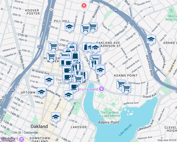 map of restaurants, bars, coffee shops, grocery stores, and more near 2333 Harrison Street in Oakland