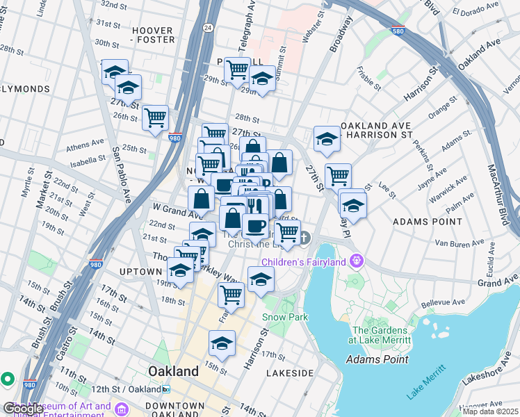 map of restaurants, bars, coffee shops, grocery stores, and more near 2295 Broadway in Oakland