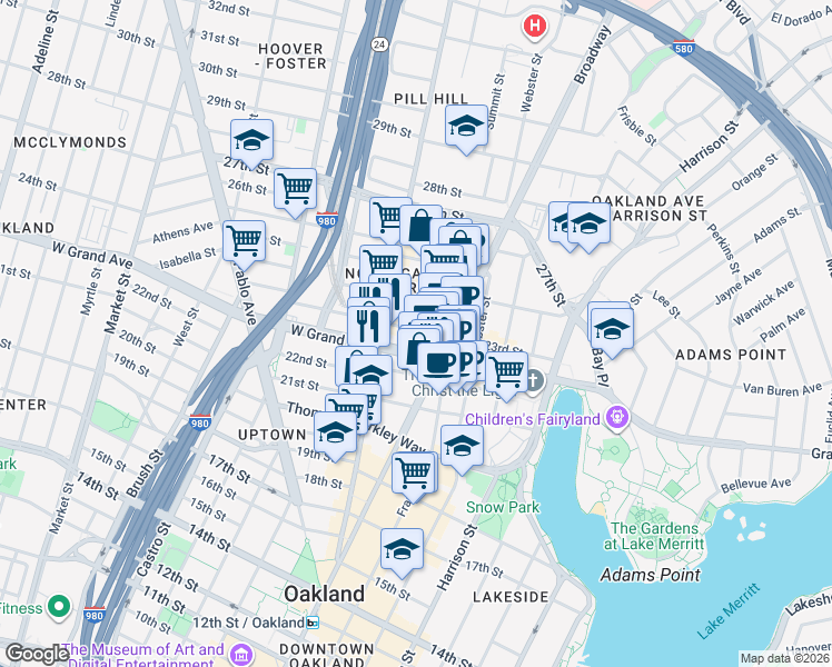 map of restaurants, bars, coffee shops, grocery stores, and more near in Oakland