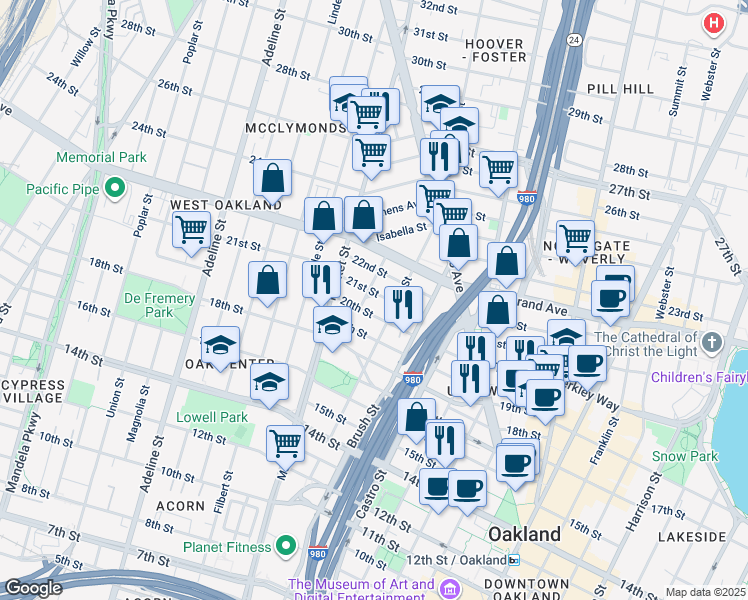 map of restaurants, bars, coffee shops, grocery stores, and more near 2017 West Street in Oakland
