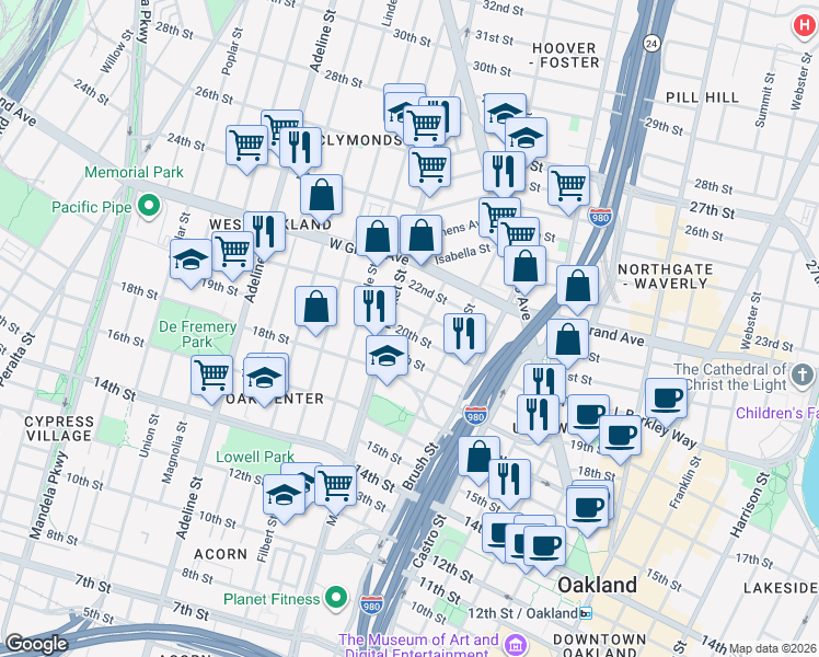 map of restaurants, bars, coffee shops, grocery stores, and more near 857 20th Street in Oakland