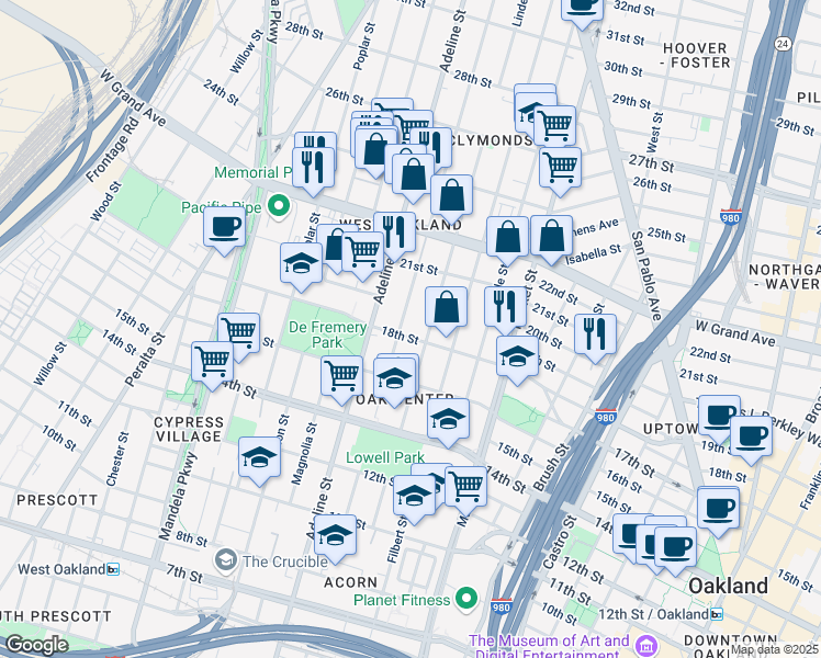 map of restaurants, bars, coffee shops, grocery stores, and more near 1805 Linden Street in Oakland