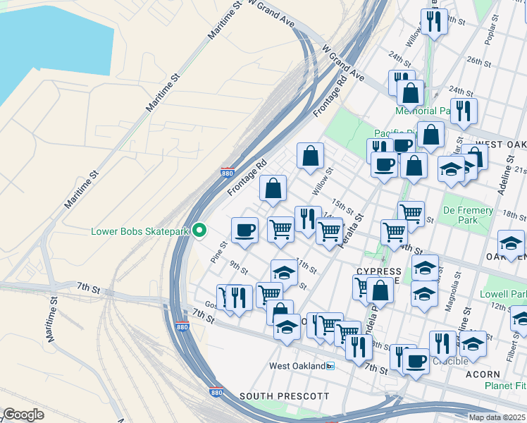 map of restaurants, bars, coffee shops, grocery stores, and more near in Oakland