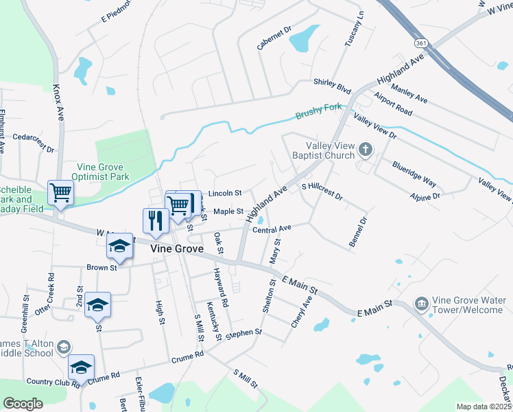 map of restaurants, bars, coffee shops, grocery stores, and more near 200-298 Edelen Street in Vine Grove