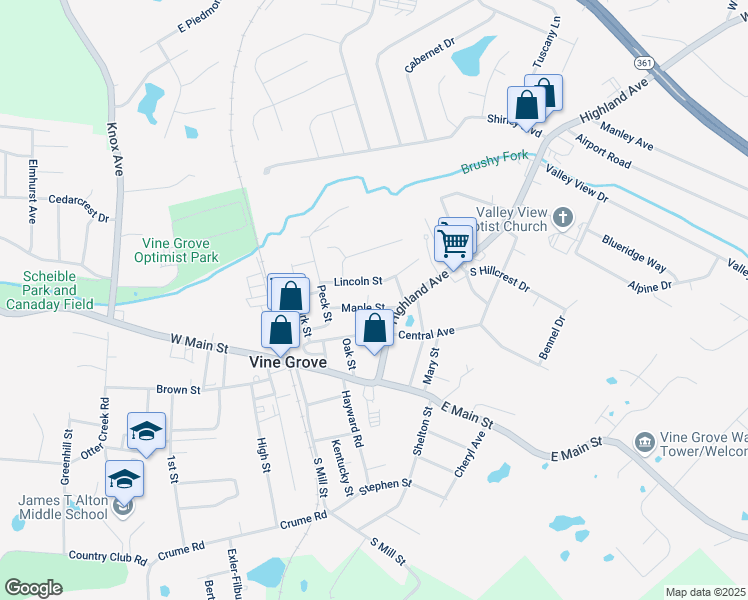 map of restaurants, bars, coffee shops, grocery stores, and more near 200-398 Maple St in Vine Grove