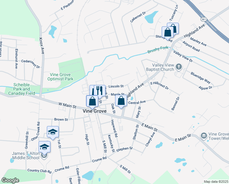 map of restaurants, bars, coffee shops, grocery stores, and more near 200-398 Maple Street in Vine Grove