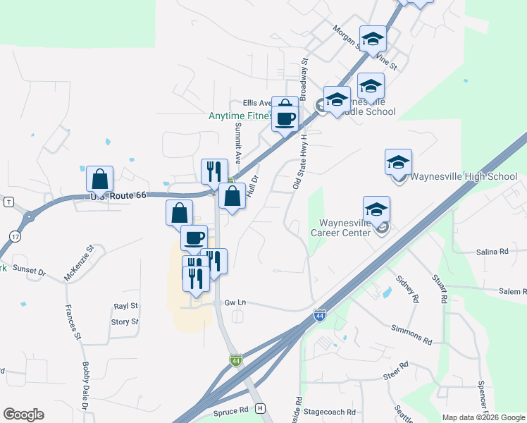 map of restaurants, bars, coffee shops, grocery stores, and more near 1110 Faye Court in Waynesville