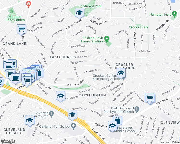 map of restaurants, bars, coffee shops, grocery stores, and more near 799 Santa Ray Avenue in Oakland
