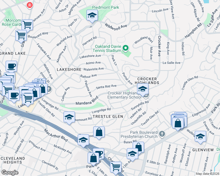 map of restaurants, bars, coffee shops, grocery stores, and more near 822 Mandana Boulevard in Oakland
