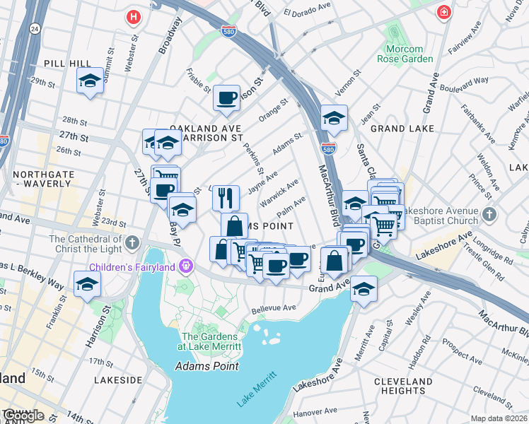 map of restaurants, bars, coffee shops, grocery stores, and more near 339 Palm Avenue in Oakland