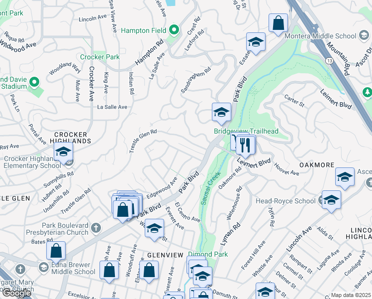 map of restaurants, bars, coffee shops, grocery stores, and more near 1124 Hollywood Avenue in Oakland
