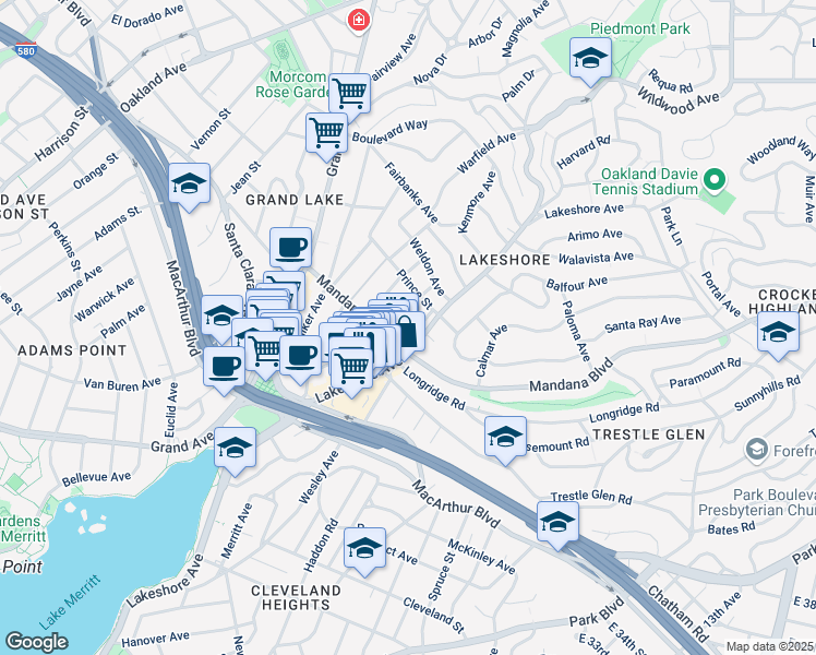 map of restaurants, bars, coffee shops, grocery stores, and more near 3531 Lakeshore Avenue in Oakland