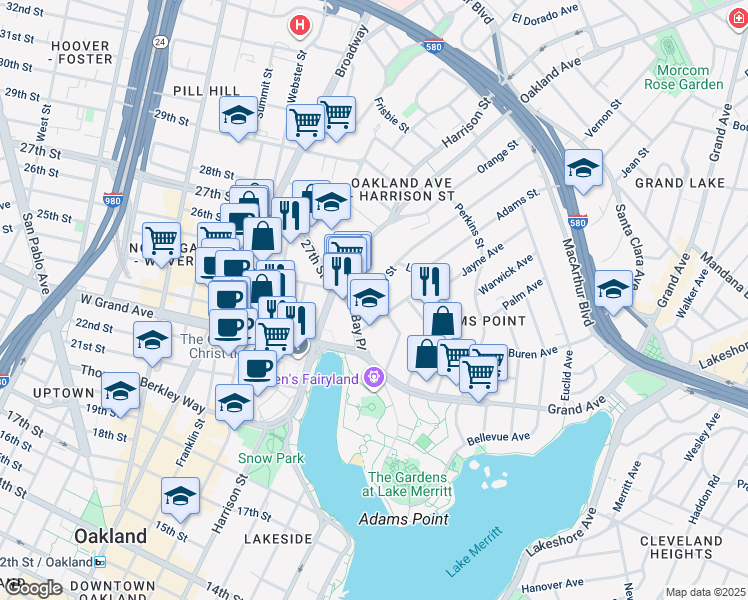 map of restaurants, bars, coffee shops, grocery stores, and more near 58 Vernon Street in Oakland