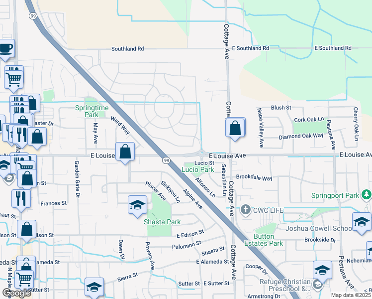 map of restaurants, bars, coffee shops, grocery stores, and more near 1052 Camborne Drive in Manteca