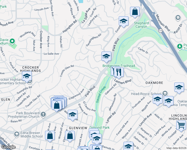 map of restaurants, bars, coffee shops, grocery stores, and more near 4833 Park Boulevard in Oakland