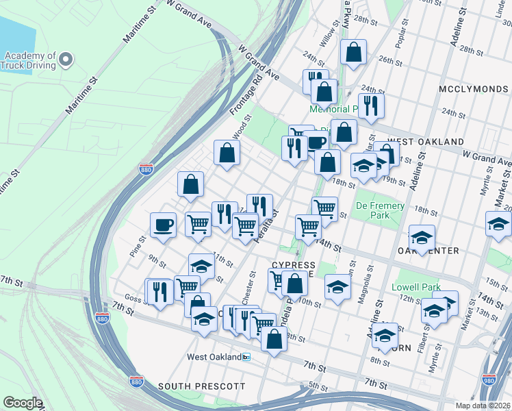 map of restaurants, bars, coffee shops, grocery stores, and more near 1644 14th Street in Oakland