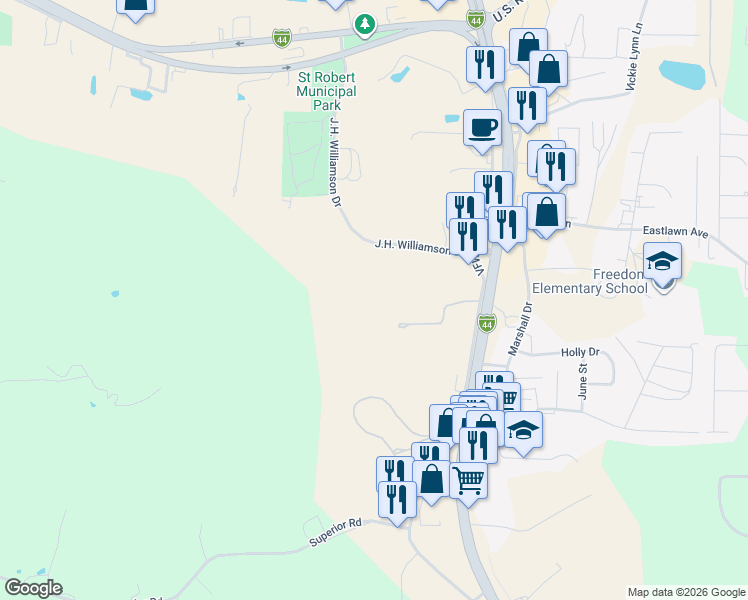 map of restaurants, bars, coffee shops, grocery stores, and more near 490 Missouri Avenue in St. Robert