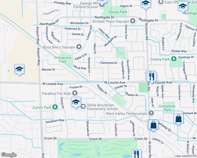 map of restaurants, bars, coffee shops, grocery stores, and more near 1564 Blair Ct in Manteca