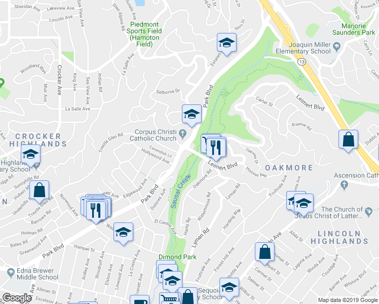 map of restaurants, bars, coffee shops, grocery stores, and more near 1321 Leimert Boulevard in Oakland