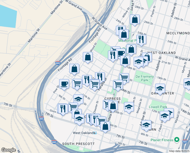 map of restaurants, bars, coffee shops, grocery stores, and more near 1403 Campbell Street in Oakland