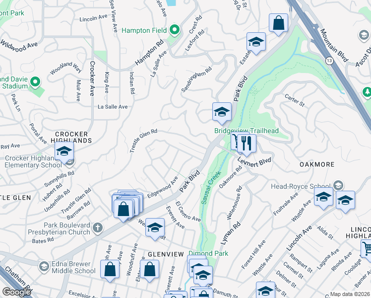 map of restaurants, bars, coffee shops, grocery stores, and more near 1120 Hollywood Avenue in Oakland