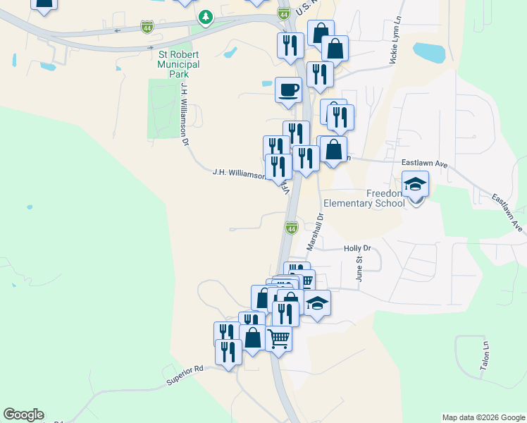 map of restaurants, bars, coffee shops, grocery stores, and more near 490 Missouri Avenue in Saint Robert