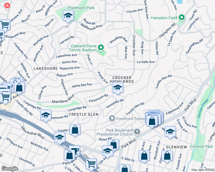 map of restaurants, bars, coffee shops, grocery stores, and more near 18 Mandana Circle in Oakland