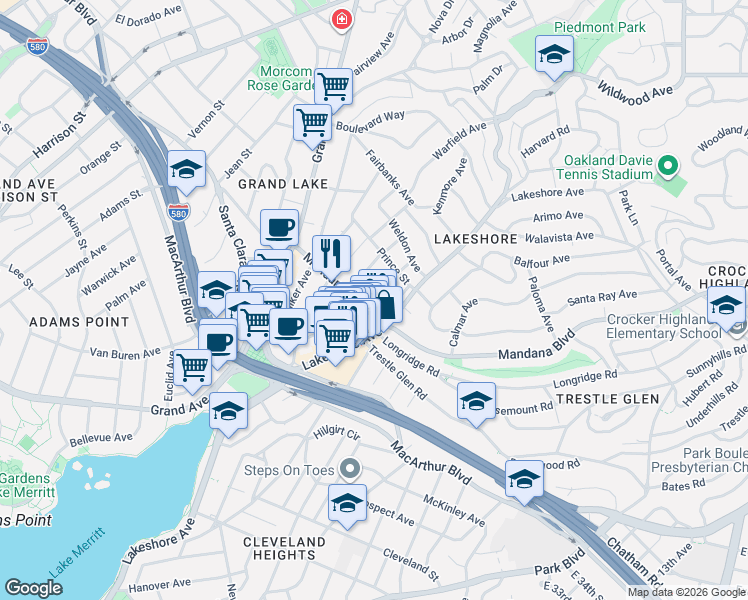map of restaurants, bars, coffee shops, grocery stores, and more near 3505 Lakeshore Avenue in Oakland
