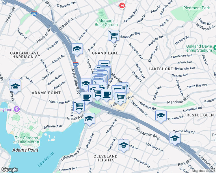 map of restaurants, bars, coffee shops, grocery stores, and more near 3242 Grand Avenue in Oakland