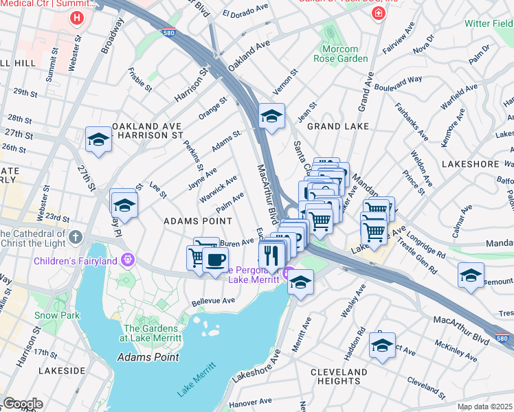 map of restaurants, bars, coffee shops, grocery stores, and more near 372 Euclid Avenue in Oakland