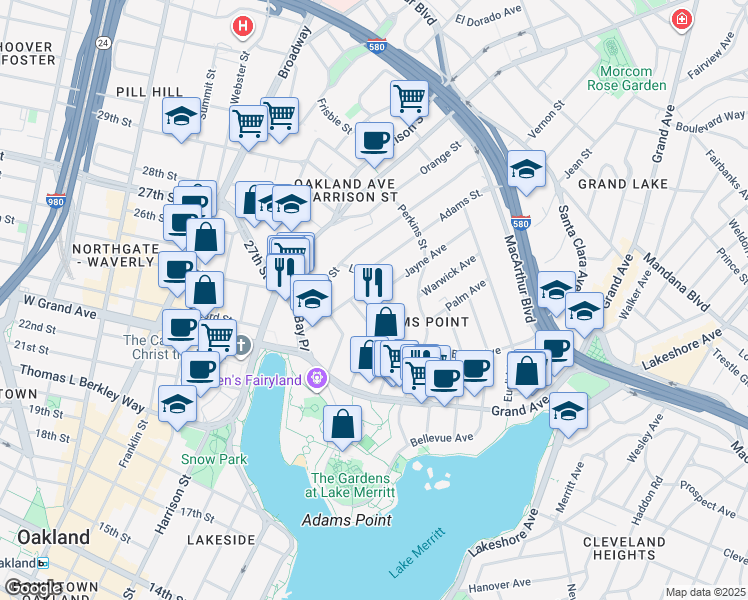 map of restaurants, bars, coffee shops, grocery stores, and more near 280 Lenox Avenue in Oakland