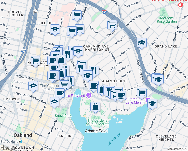 map of restaurants, bars, coffee shops, grocery stores, and more near 168 Montecito Avenue in Oakland