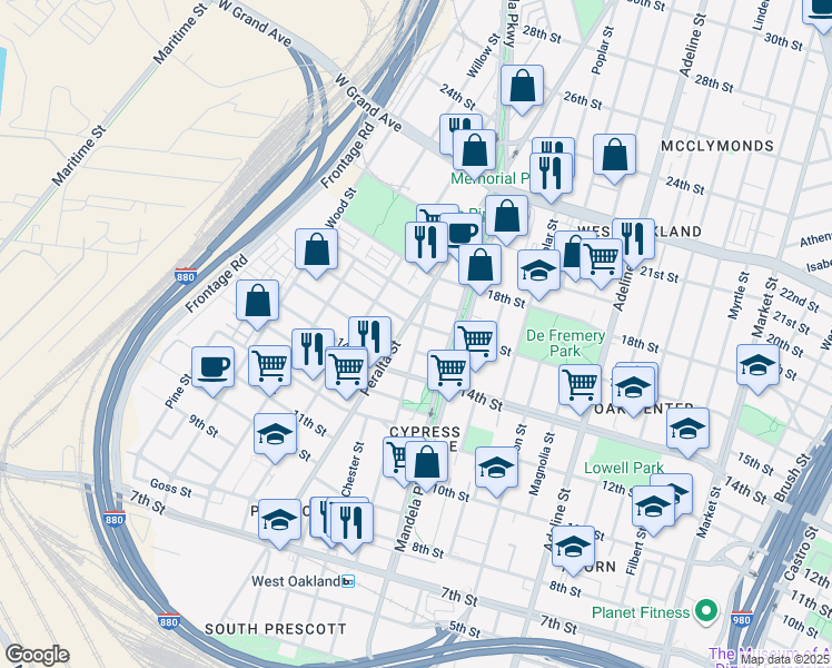 map of restaurants, bars, coffee shops, grocery stores, and more near in Oakland