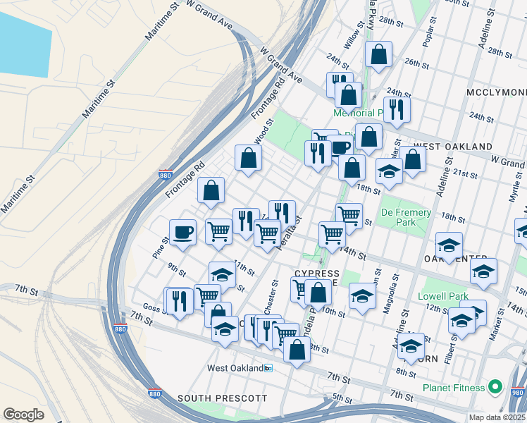 map of restaurants, bars, coffee shops, grocery stores, and more near 1644 14th Street in Oakland