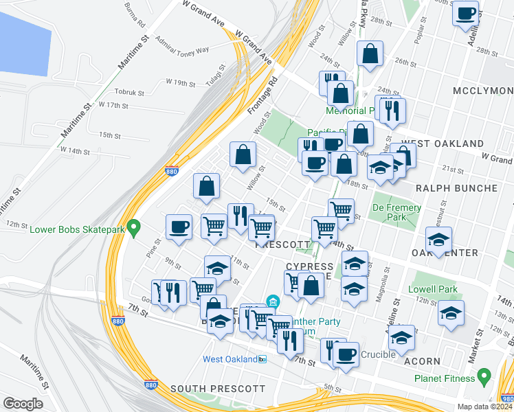 map of restaurants, bars, coffee shops, grocery stores, and more near 1662 14th Street in Oakland