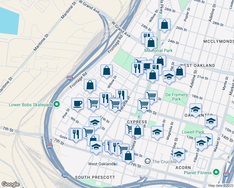 map of restaurants, bars, coffee shops, grocery stores, and more near 1121 Campbell Street in Oakland