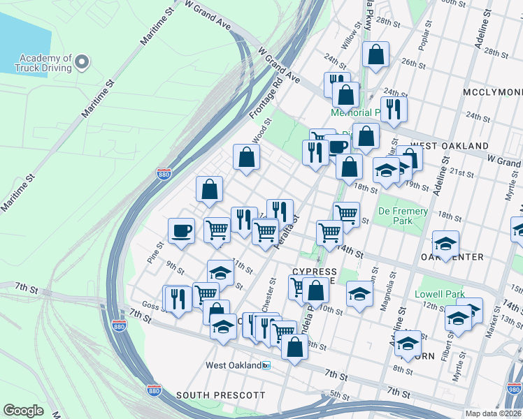 map of restaurants, bars, coffee shops, grocery stores, and more near 1644 14th Street in Oakland