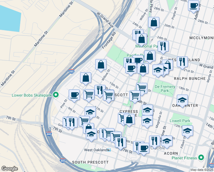 map of restaurants, bars, coffee shops, grocery stores, and more near 1662 14th Street in Oakland
