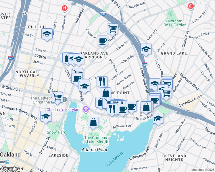 map of restaurants, bars, coffee shops, grocery stores, and more near 280 Lee Street in Oakland