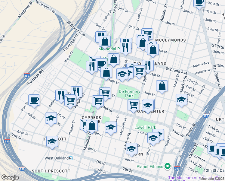 map of restaurants, bars, coffee shops, grocery stores, and more near 1601 Poplar Street in Oakland
