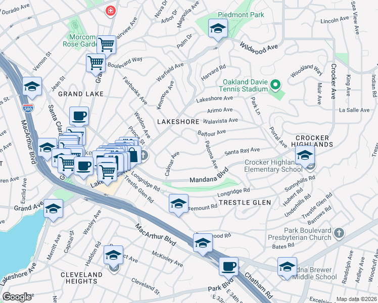 map of restaurants, bars, coffee shops, grocery stores, and more near 697 Calmar Avenue in Oakland