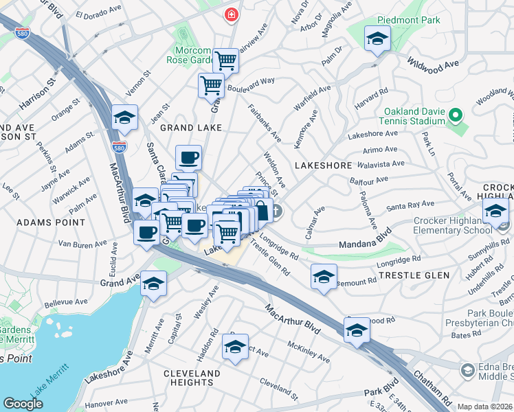 map of restaurants, bars, coffee shops, grocery stores, and more near 824 Erie Street in Oakland