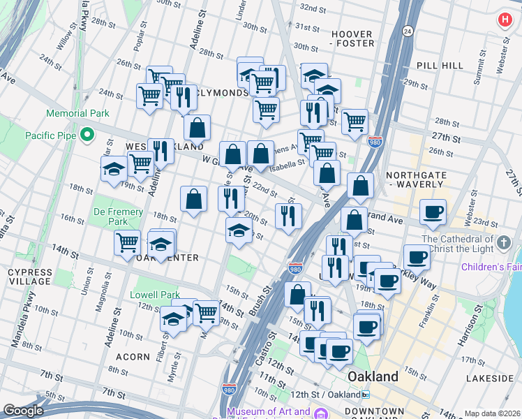 map of restaurants, bars, coffee shops, grocery stores, and more near 2025 Curtis Street in Oakland