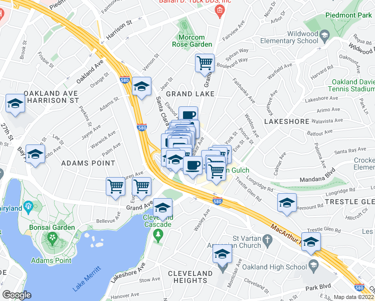 map of restaurants, bars, coffee shops, grocery stores, and more near 3268 Grand Avenue in Oakland