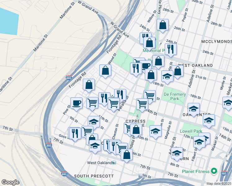 map of restaurants, bars, coffee shops, grocery stores, and more near 1642 14th Street in Oakland