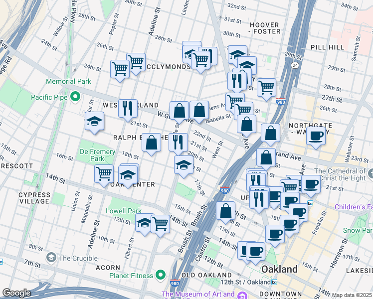 map of restaurants, bars, coffee shops, grocery stores, and more near 2000 Market Street in Oakland
